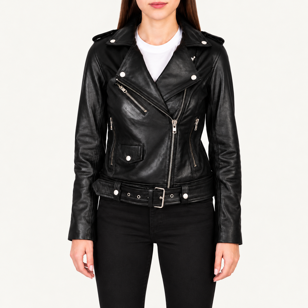 Women's Classic Black Belted Leather Biker Jacket – Asymmetrical Zip Motorcycle Style Gallery